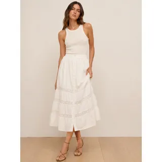 Photo of Reformation | Linen Lace Trim Button Front Peasant Midi Skirt in White 0