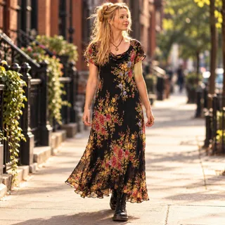 Photo of Paradise NY Womens 18 Maxi Dress 90s Grunge Boho Whimsigoth Black Floral Sequin