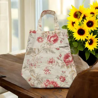 Photo of Womens Floral Tote Bag Cream Pink Rose Print Lined Cotton Canvas Cottagecore