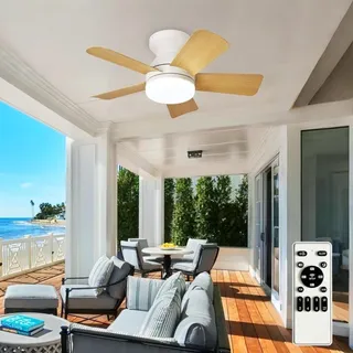 Photo of 25" Ceiling Fan Light Remote Flush Mount Dimmable 3CCT Reversible White Wood Gra