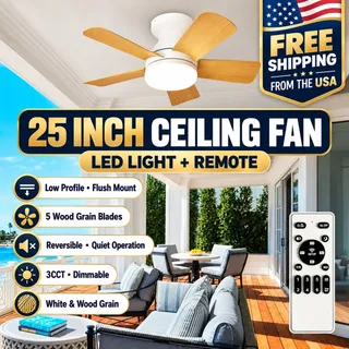 Photo of 25" Ceiling Fan Light Remote Flush Mount Dimmable 3CCT Reversible White Wood Gra