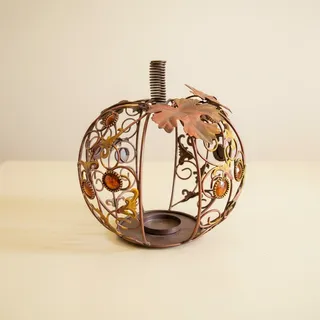 Photo of Metal Pumpkin Candle Holder-Fall Harvest Decor-Rustic Farmhouse-Amber-Autumn