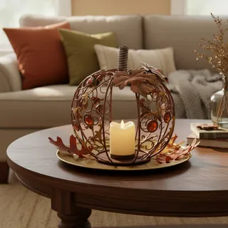 Photo of Metal Pumpkin Candle Holder-Fall Harvest Decor-Rustic Farmhouse-Amber-Autumn