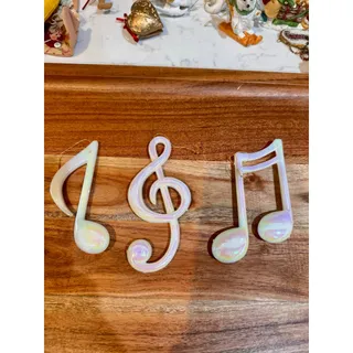 Photo of vintage 3 opalescent music notes 1 gold Christmas ornament signed 1989 Americana