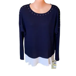 Photo of INC International Concepts Layered Look Studded   XS Blue Faux-Layer Top NWT