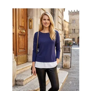 Photo of INC International Concepts Layered Look Studded   XS Blue Faux-Layer Top NWT