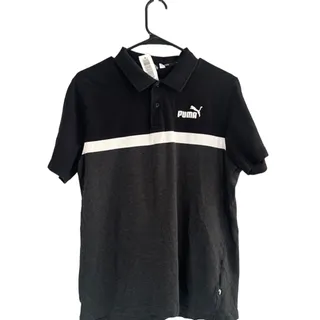 Photo of Puma Black White & Gray Striped Collared Short Sleeve Polo Shirt Men Sz L