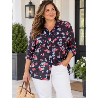 Photo of LAUREN RALPH LAUREN Cotton Silk Floral Button Up Blouse Black Red Plus Size 1X