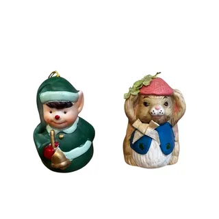 Photo of vintage ceramic Christmas bell ornaments elf w/bell rabbit w/pink hat 80s kitsch