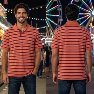 Photo of Chaps Ralph Lauren Shirt Mens L Orange Striped Rugby Polo Short Sleeve 42 44