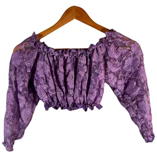 Photo of Y2K Ruched Lace Off Shoulder Blouse – Purple Floral