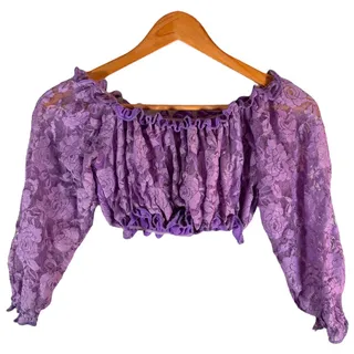 Photo of Y2K Ruched Lace Off Shoulder Blouse – Purple Floral