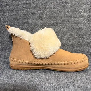 Photo of Minnetonka Tan Suede Shearling Fur Fold Down Ankle Boot Slipper Womens Size 7M 
