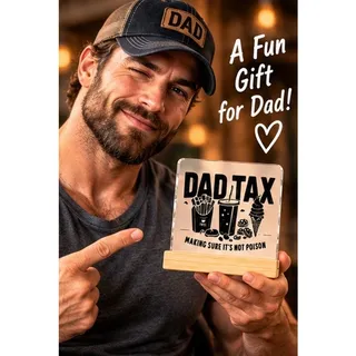 Photo of Funny Dad Tax Acrylic Desk Sign 4x4 Father's Gift Wood Stand