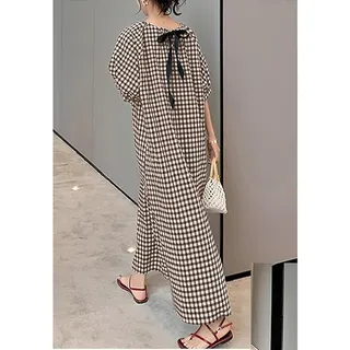 Photo of Casual Gingham Loose-Fit Swing Dress Cotton Lantern Puff Sleeve Plaid Midi Dress