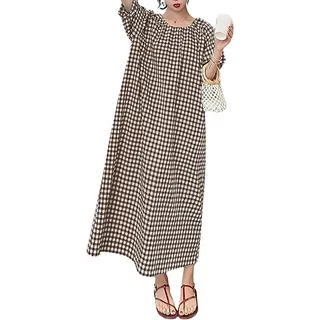 Photo of Casual Gingham Loose-Fit Swing Dress Cotton Lantern Puff Sleeve Plaid Midi Dress