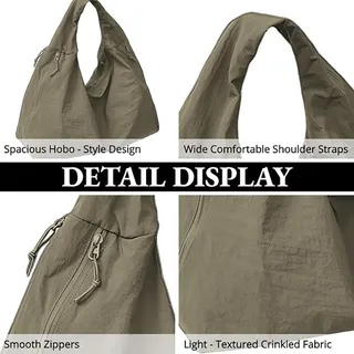Photo of Slouchy Tote Bag, Large Crescent Nylon Shoulder Bag with Multiple Pocket- Green