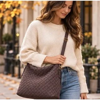 Photo of Lekene Cocoa Brown Woven Faux Leather Shoulder Bag & cosmetic Bag Set NWT