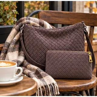 Photo of Lekene Cocoa Brown Woven Faux Leather Shoulder Bag & cosmetic Bag Set NWT