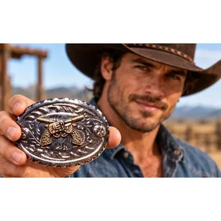 Photo of Men’s Western Belt Buckle Silver Tone Crossed Bronze Revolvers