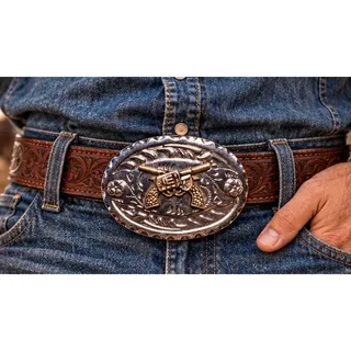 Photo of Men’s Western Belt Buckle Silver Tone Crossed Bronze Revolvers