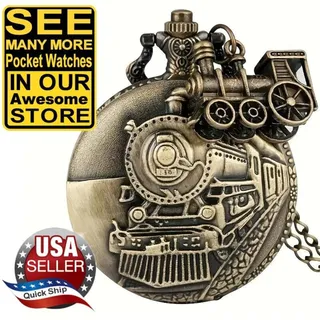 Photo of Bronze Quartz Pocket Watch • Classic Steam Train Locomotive • & Mini Train Fob