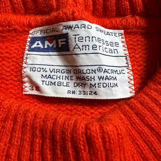 Photo of 70s AMF Letterman Varsity Sweater Chenille CH Orange Knit 38
