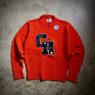 Photo of 70s AMF Letterman Varsity Sweater Chenille CH Orange Knit 38