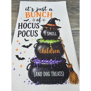 Photo of Hocus Pocus Halloween Kitchen Towel Witch Cauldron Funny Dog Decor