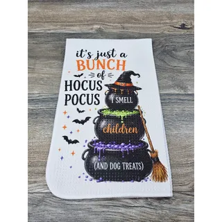 Photo of Hocus Pocus Halloween Kitchen Towel Witch Cauldron Funny Dog Decor