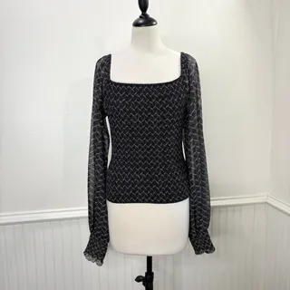 Photo of Anthropologie Size M Printed Top Rouen Smocked Balloon Sleeve Semi Sheer Stretch