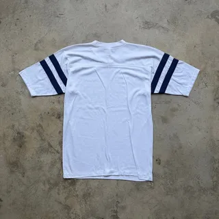 Photo of 80s Football Jersey Striped Sleeves White Navy V Neck Mens M
