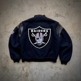 Photo of 90s Chalk Line Raiders Wool Varsity Jacket Black Leather M