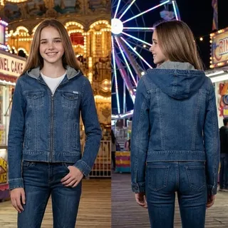 Photo of ABERCROMBIE Hooded Cropped Zip Up Denim Blue Jean Jacket Girls Size XL