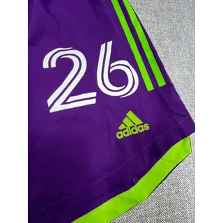 Photo of Houston Dynamo Adidas #26 Player Issue Style Shorts L Purple Green MLS
