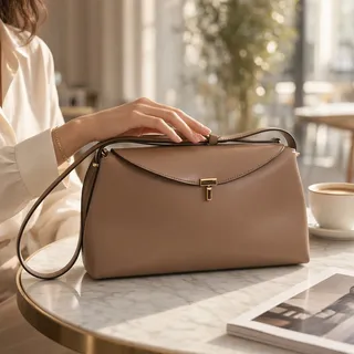 Photo of Toteme T-Lock Top Handle Bag Tan Smooth Leather Gold Turn-Lock Made in Italy