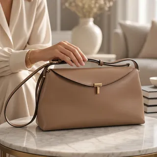 Photo of Toteme T-Lock Top Handle Bag Tan Smooth Leather Gold Turn-Lock Made in Italy