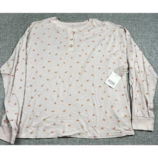 Photo of a.n.a Floral Henley Top Women's L Pink Long Sleeve 100% Cotton NWT