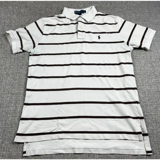 Photo of Polo Ralph Lauren Mens L White Brown Striped Pony Logo Cotton Polo Shirt