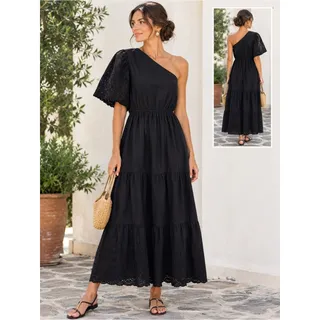Photo of FRNCH PARIS Black One Shoulder Eyelet Puff Sleeve Cotton Midi Maxi Dress Size M