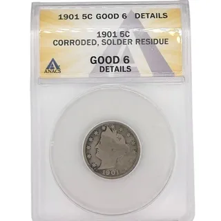 Photo of ​1901 Liberty Head V Nickel 5C - ANACS Good 6 Details (Corroded, Solder Residue)

