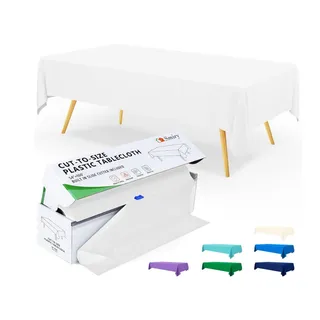 Photo of 54"x100ft tablecloth Disposable Roll, White Plastic CuttoSize w/Cutter, Wtrproof