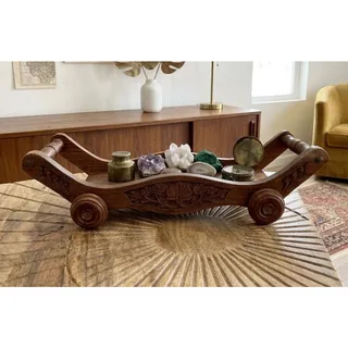 Photo of Vintage Boho/Cottagecore Hand Carved Wooden Cart with Rolling Wheels