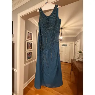 Photo of Teal Blue Beaded Long Formal Evening Dress with Matching Sheer Jacket 2 Piece, Size 16


