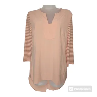 Photo of Patrizia Luca Med Blouse Milano Peachy Pink Tunic Hi Low Hem V Neck 3/4 Sleeve