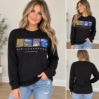Photo of Mediterranean Cruising Black Graphic Long Sleeve Shirt – Size Small