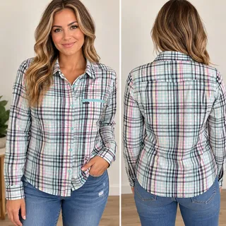 Photo of Columbia Women's Large Pastel Plaid Long Sleeve Button-Up Shirt