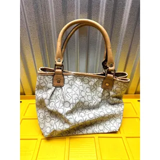 Photo of Calvin Klein White Monogram Handbag Tan Trim Satchel Poor Condition