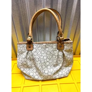 Photo of Calvin Klein White Monogram Handbag Tan Trim Satchel Poor Condition