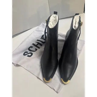 Photo of Schutz Tracy Women's Black Leather Pointed Toe Ankle Bootie Gold Tip - Size 6.5 NWT